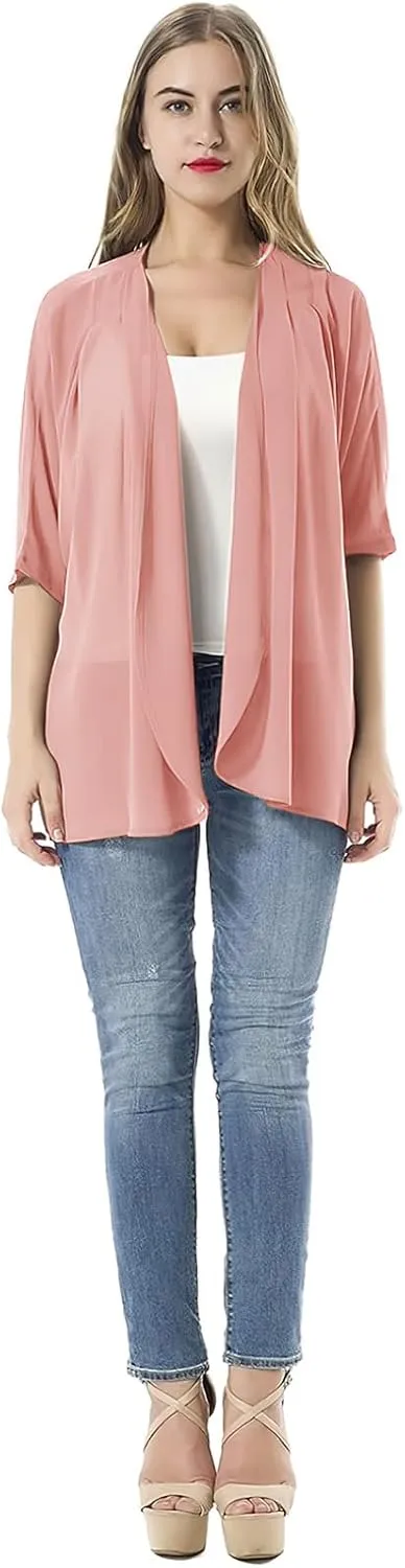 Women's Short Sleeve Beachwear Sheer Chiffon Kimono Cardigan Solid Casual Capes Beach Blouse Summer Cover Ups
