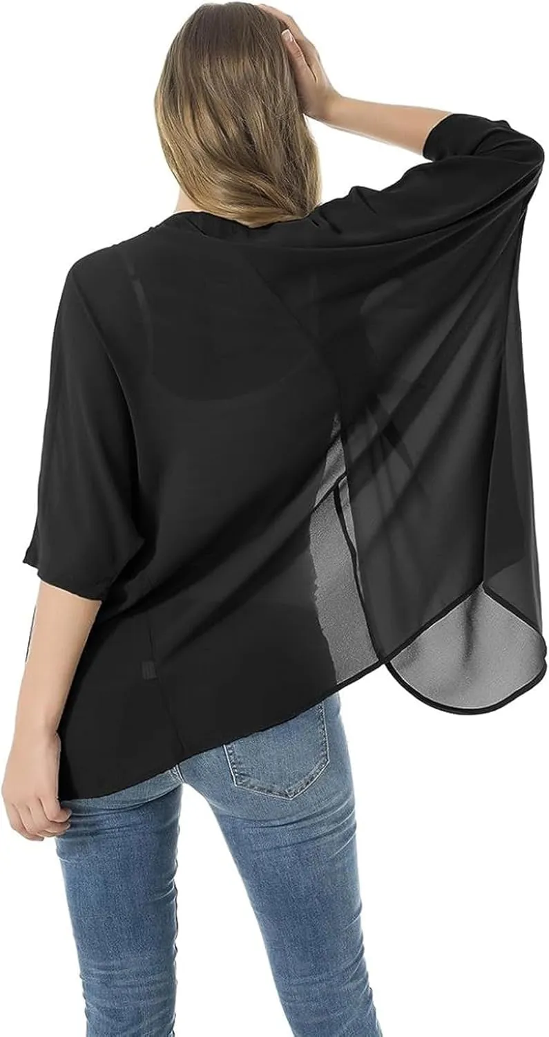 Women's Short Sleeve Beachwear Sheer Chiffon Kimono Cardigan Solid Casual Capes Beach Blouse Summer Cover Ups
