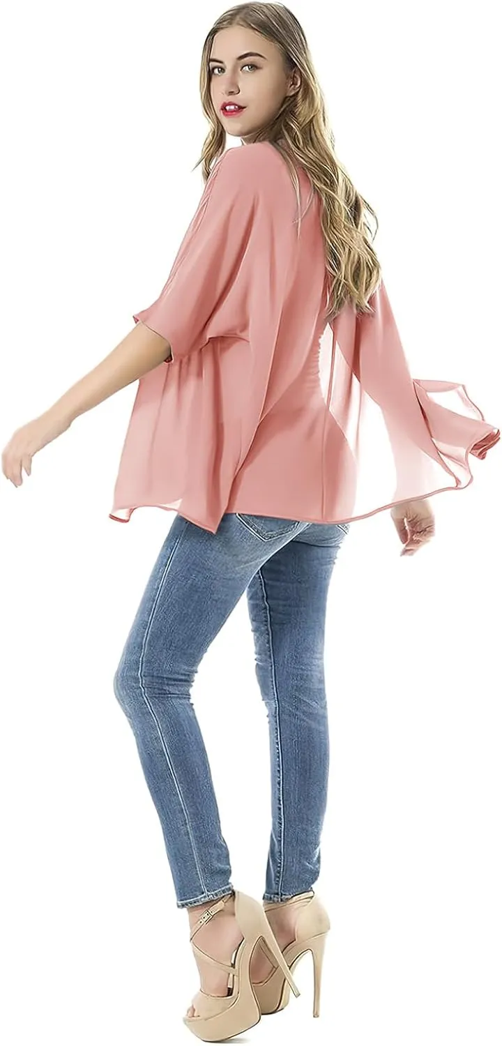 Women's Short Sleeve Beachwear Sheer Chiffon Kimono Cardigan Solid Casual Capes Beach Blouse Summer Cover Ups