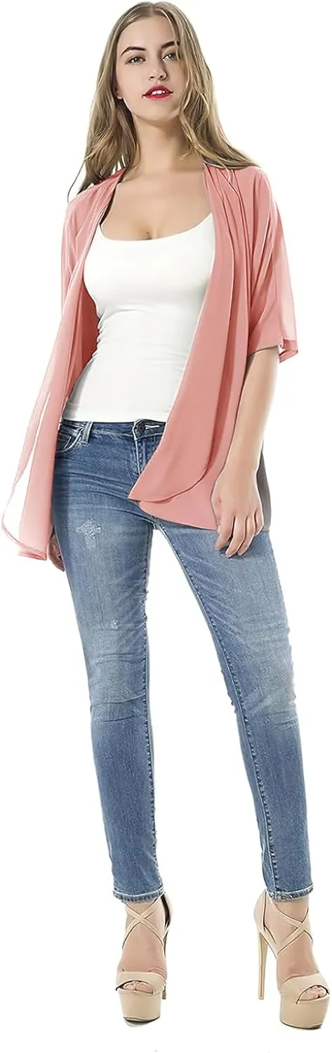 Women's Short Sleeve Beachwear Sheer Chiffon Kimono Cardigan Solid Casual Capes Beach Blouse Summer Cover Ups