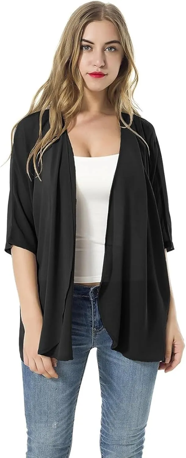 Women's Short Sleeve Beachwear Sheer Chiffon Kimono Cardigan Solid Casual Capes Beach Blouse Summer Cover Ups