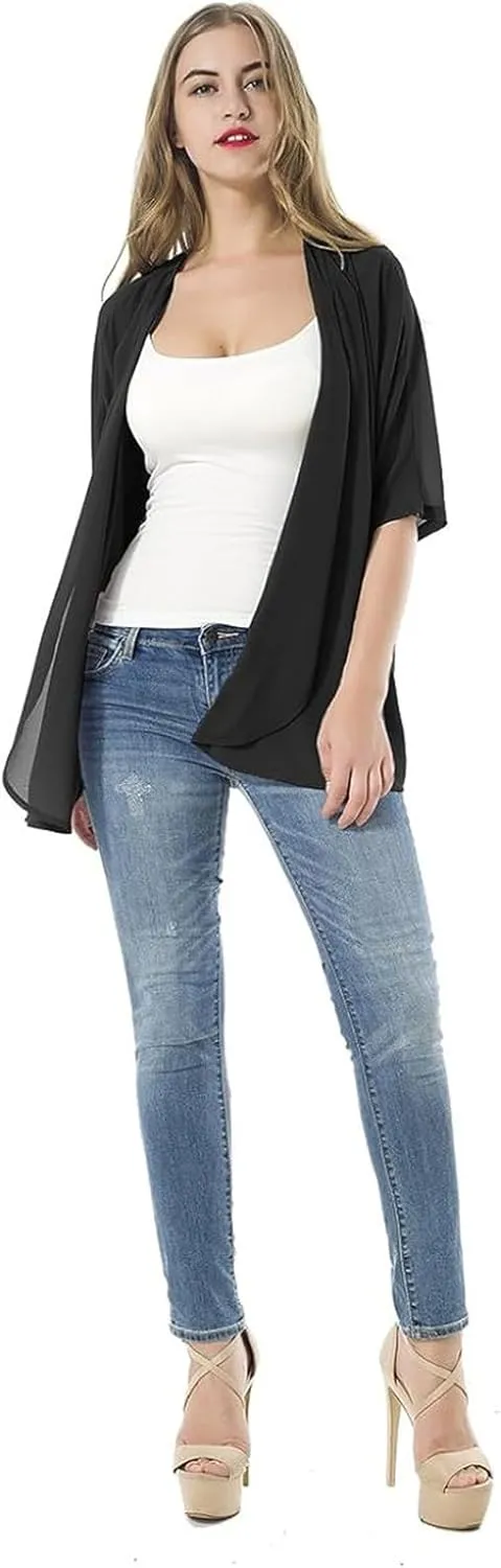 Women's Short Sleeve Beachwear Sheer Chiffon Kimono Cardigan Solid Casual Capes Beach Blouse Summer Cover Ups