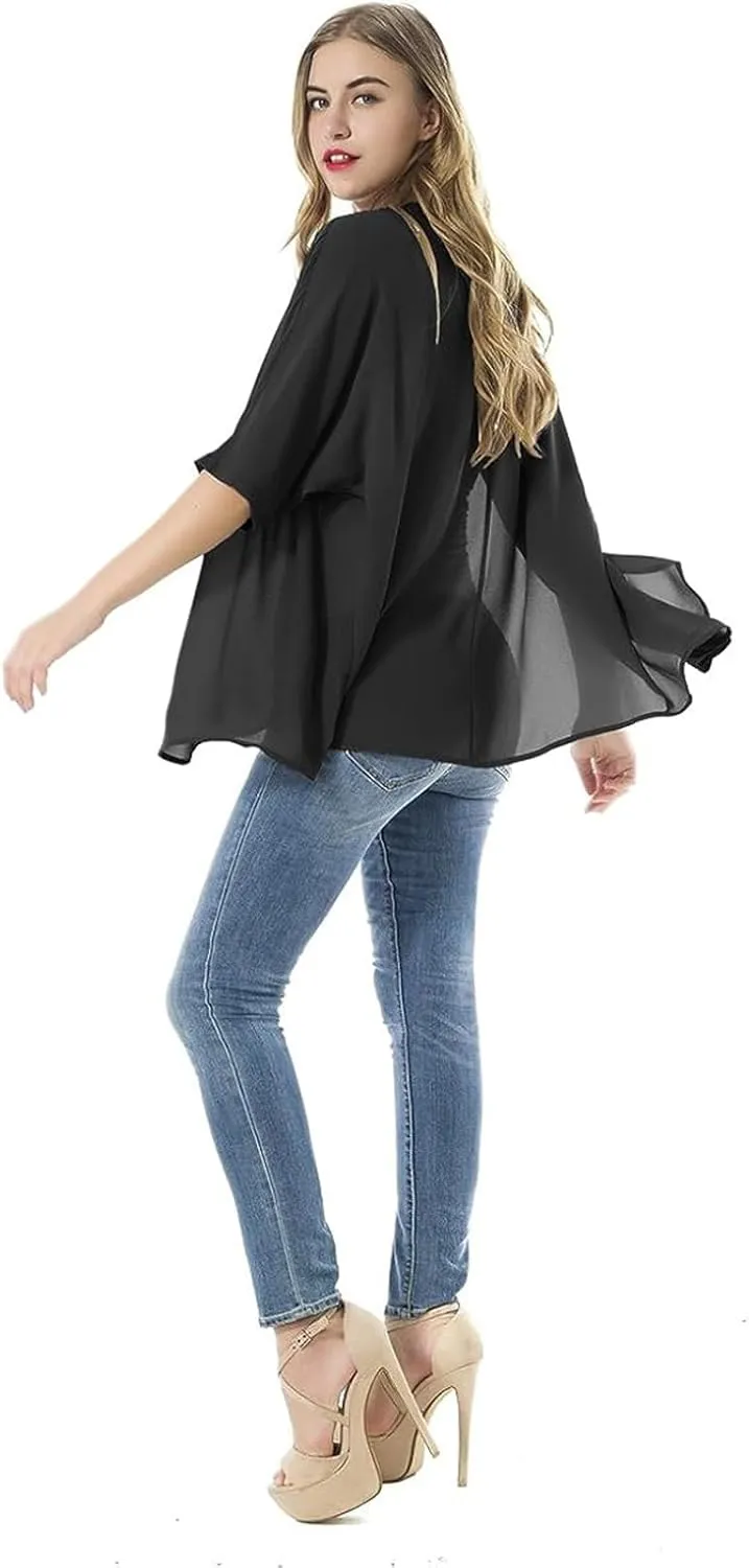 Women's Short Sleeve Beachwear Sheer Chiffon Kimono Cardigan Solid Casual Capes Beach Blouse Summer Cover Ups