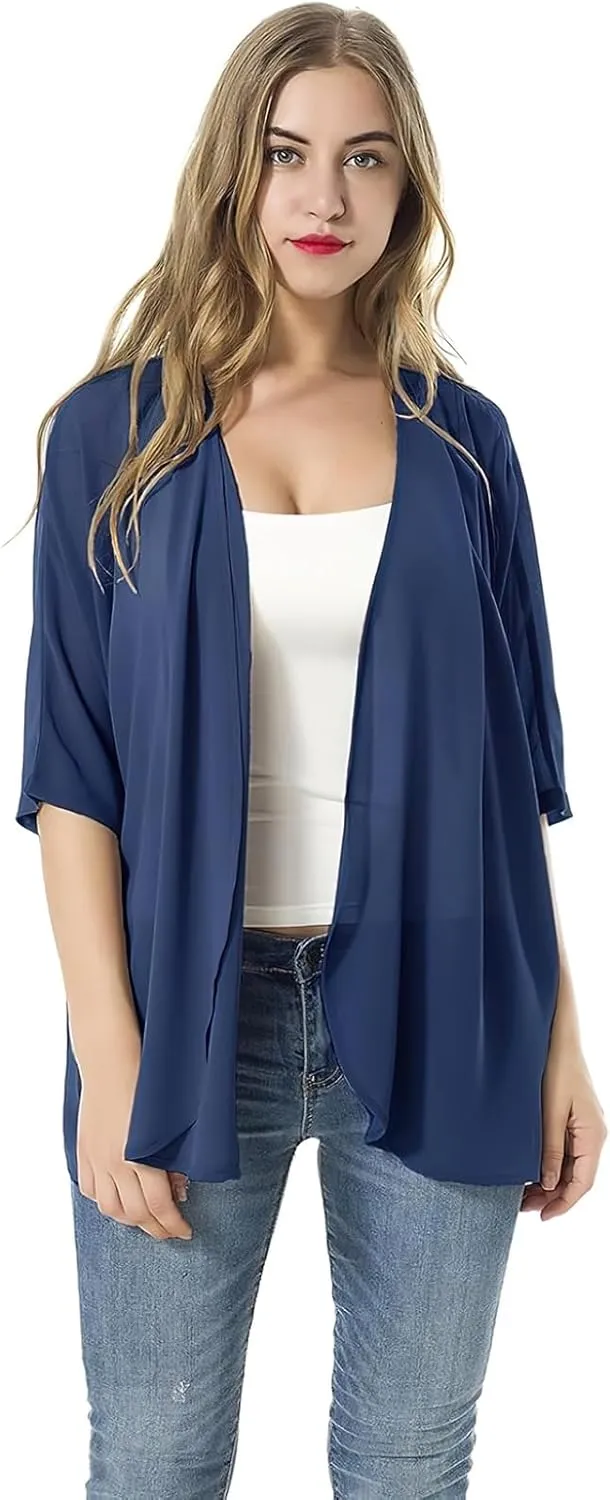 Women's Short Sleeve Beachwear Sheer Chiffon Kimono Cardigan Solid Casual Capes Beach Blouse Summer Cover Ups