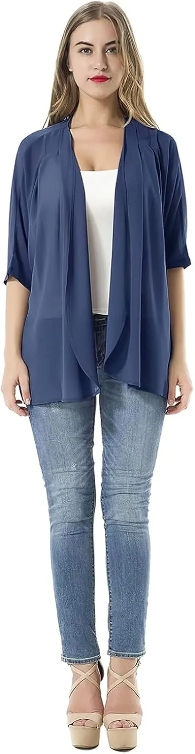 Women's Short Sleeve Beachwear Sheer Chiffon Kimono Cardigan Solid Casual Capes Beach Blouse Summer Cover Ups