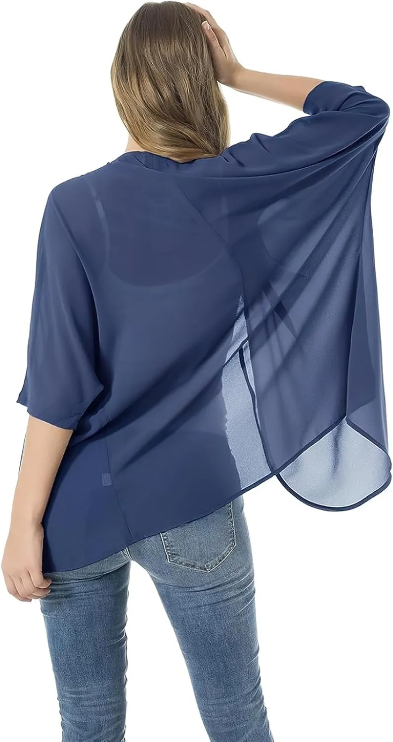 Women's Short Sleeve Beachwear Sheer Chiffon Kimono Cardigan Solid Casual Capes Beach Blouse Summer Cover Ups
