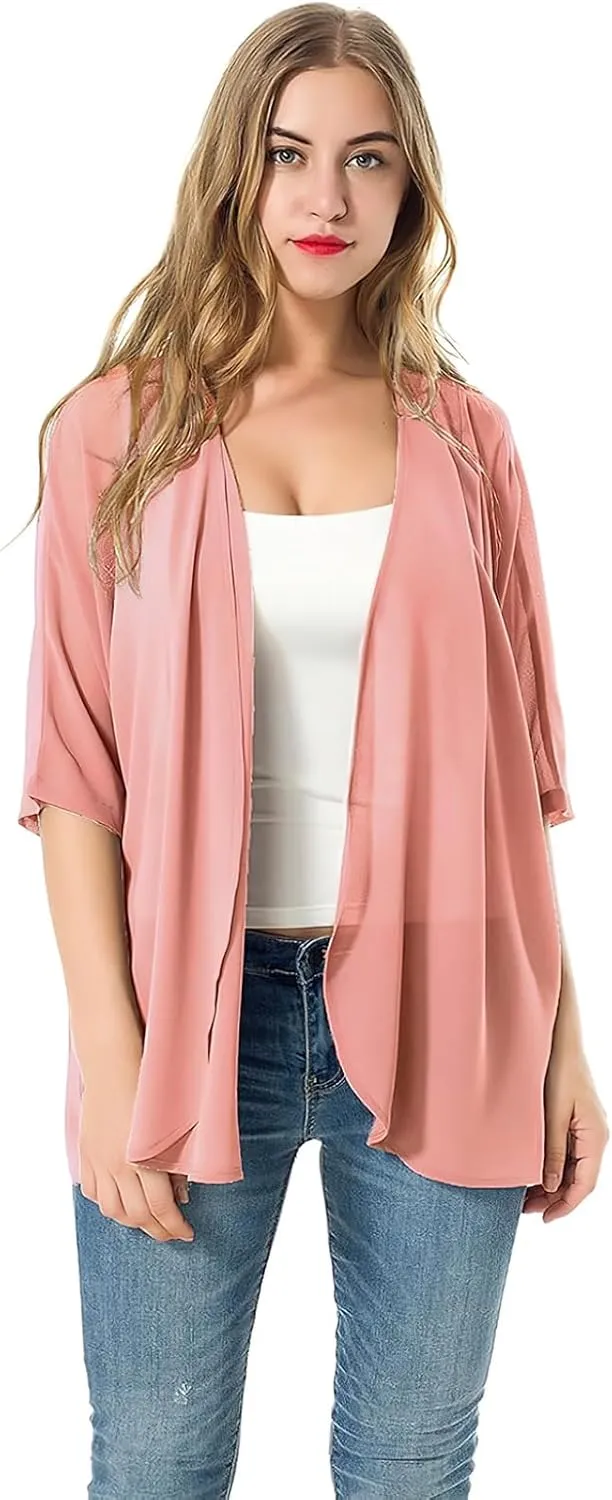 Women's Short Sleeve Beachwear Sheer Chiffon Kimono Cardigan Solid Casual Capes Beach Blouse Summer Cover Ups