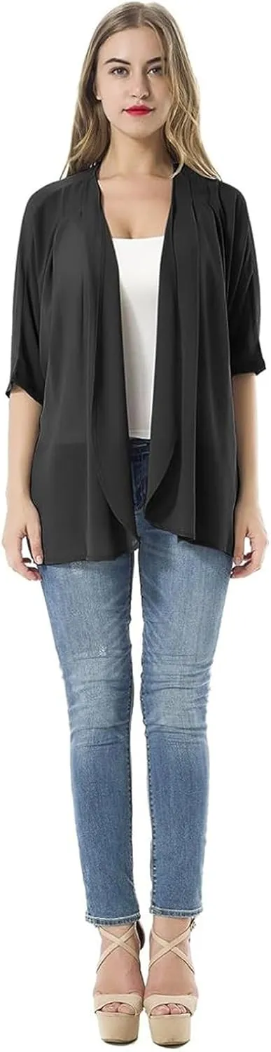 Women's Short Sleeve Beachwear Sheer Chiffon Kimono Cardigan Solid Casual Capes Beach Blouse Summer Cover Ups