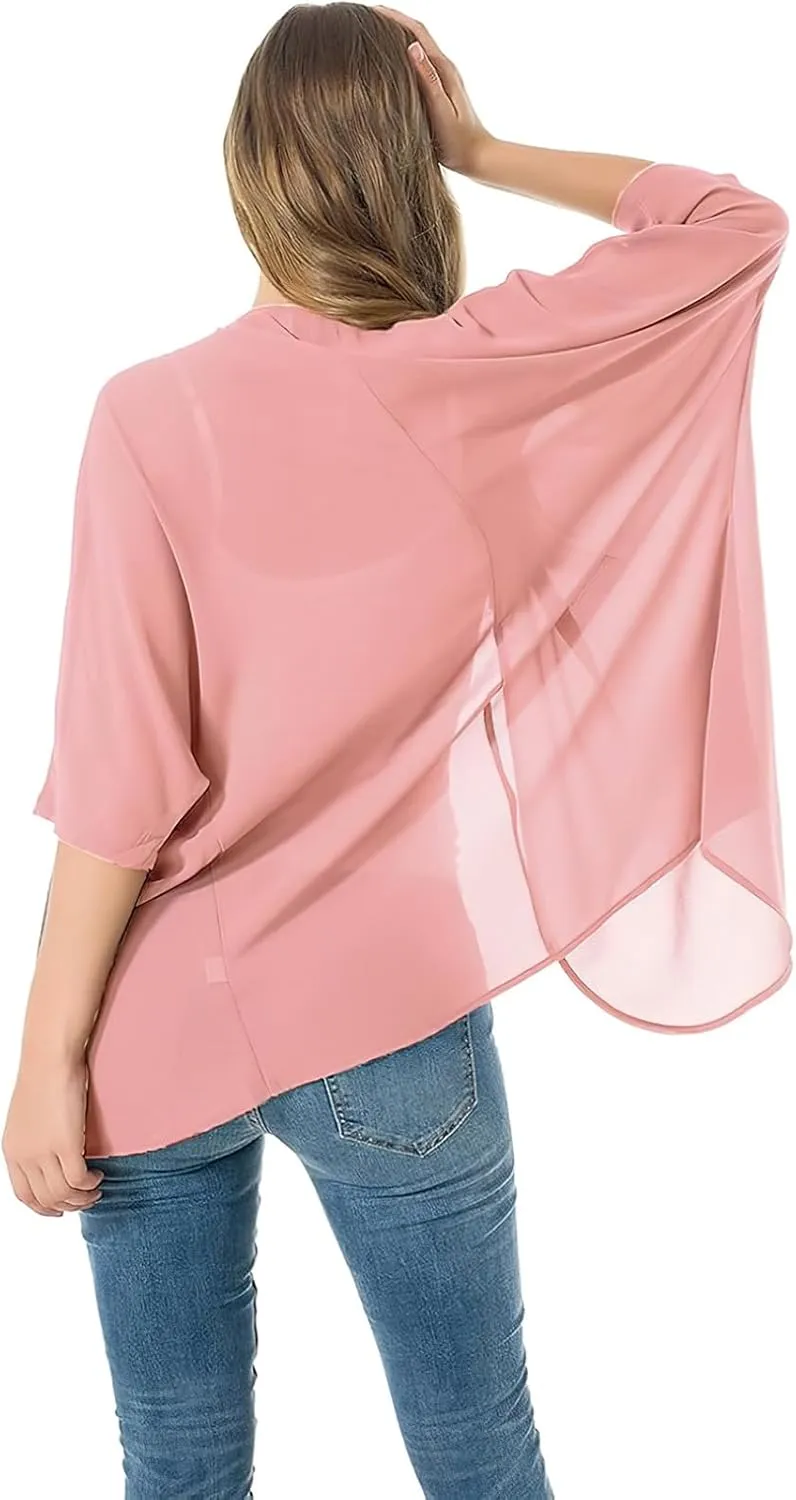 Women's Short Sleeve Beachwear Sheer Chiffon Kimono Cardigan Solid Casual Capes Beach Blouse Summer Cover Ups