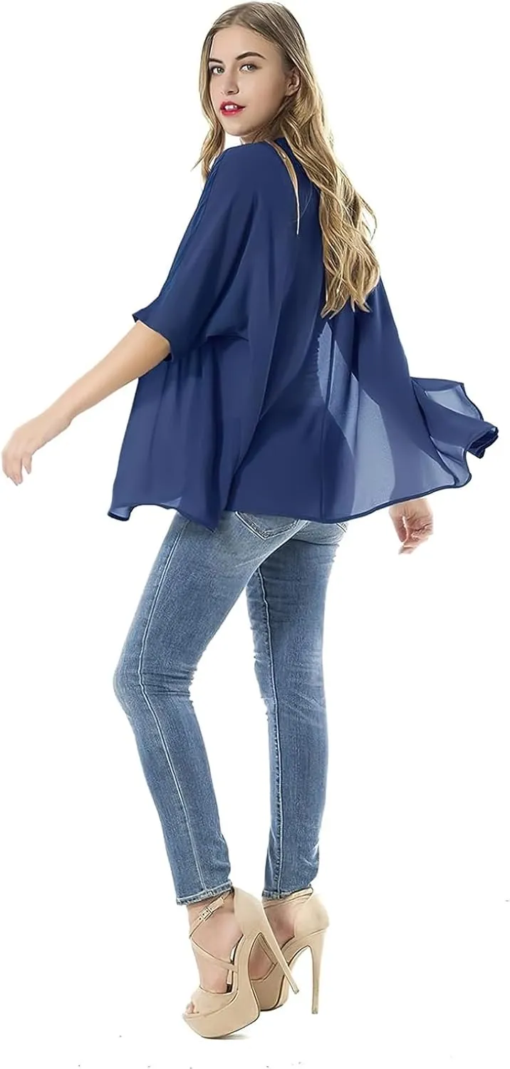 Women's Short Sleeve Beachwear Sheer Chiffon Kimono Cardigan Solid Casual Capes Beach Blouse Summer Cover Ups