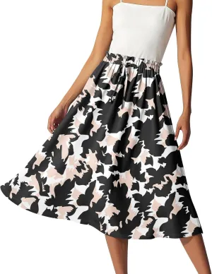 Women's Skirts Midi Flowy Summer Drawstring Elastic High Waist Knee Length Skirt A-Line Floral Pleated Skirt