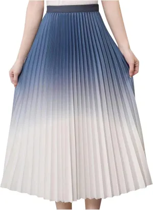 Womens Skirts midi Length Elegant Pleated Midi Skirt Fashion High Waisted Flowy Skirt Gradient Color Half Skirts
