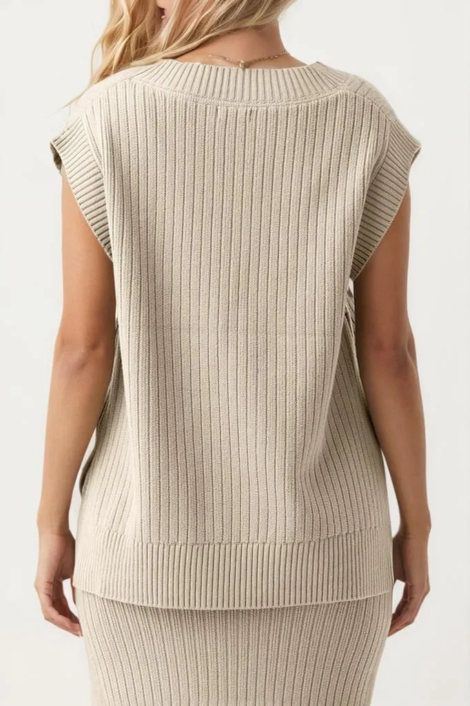 Womens Sleeveless Sweater Vest Ribbed Knit V Neck Sweater Loose Fit Solid Chic Tank Casual Summer Top