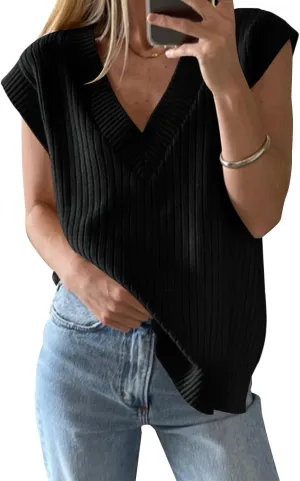 Womens Sleeveless Sweater Vest Ribbed Knit V Neck Sweater Loose Fit Solid Chic Tank Casual Summer Top