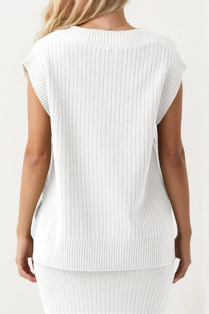 Womens Sleeveless Sweater Vest Ribbed Knit V Neck Sweater Loose Fit Solid Chic Tank Casual Summer Top