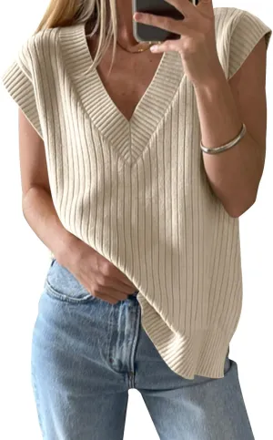 Womens Sleeveless Sweater Vest Ribbed Knit V Neck Sweater Loose Fit Solid Chic Tank Casual Summer Top