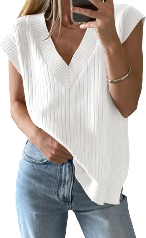 Womens Sleeveless Sweater Vest Ribbed Knit V Neck Sweater Loose Fit Solid Chic Tank Casual Summer Top
