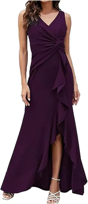 Women's Sleeveless Wedding Guest Dresses 2025 Summer Trendy Elegant Ruched Ruffle Slit Maxi Long Flowy Sundress