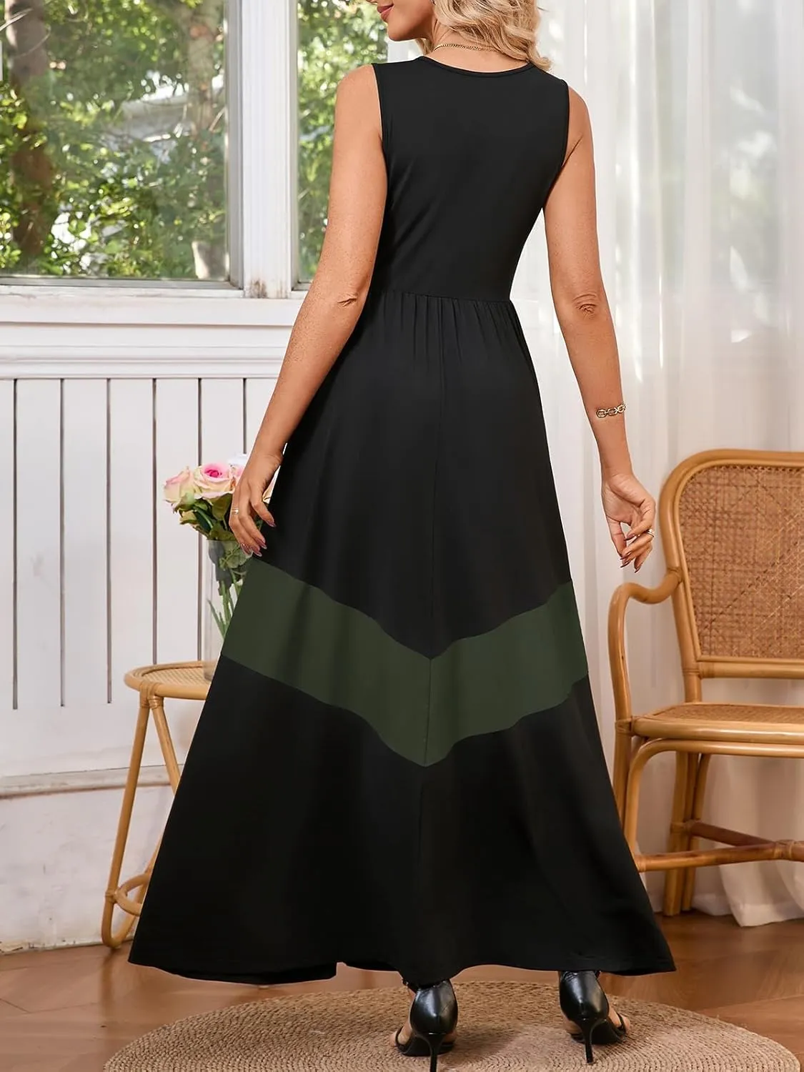 Women's Summer Colorblock Loose Tank Round Neck Dress Sleeveless Casual Holiday Flared Swing Beach Long Maxi Sundress