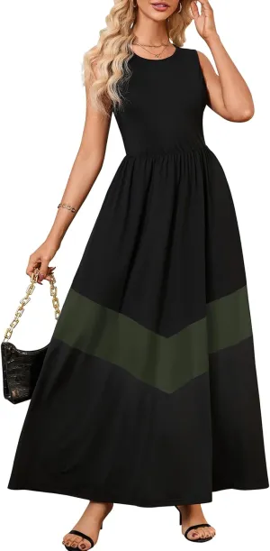 Women's Summer Colorblock Loose Tank Round Neck Dress Sleeveless Casual Holiday Flared Swing Beach Long Maxi Sundress