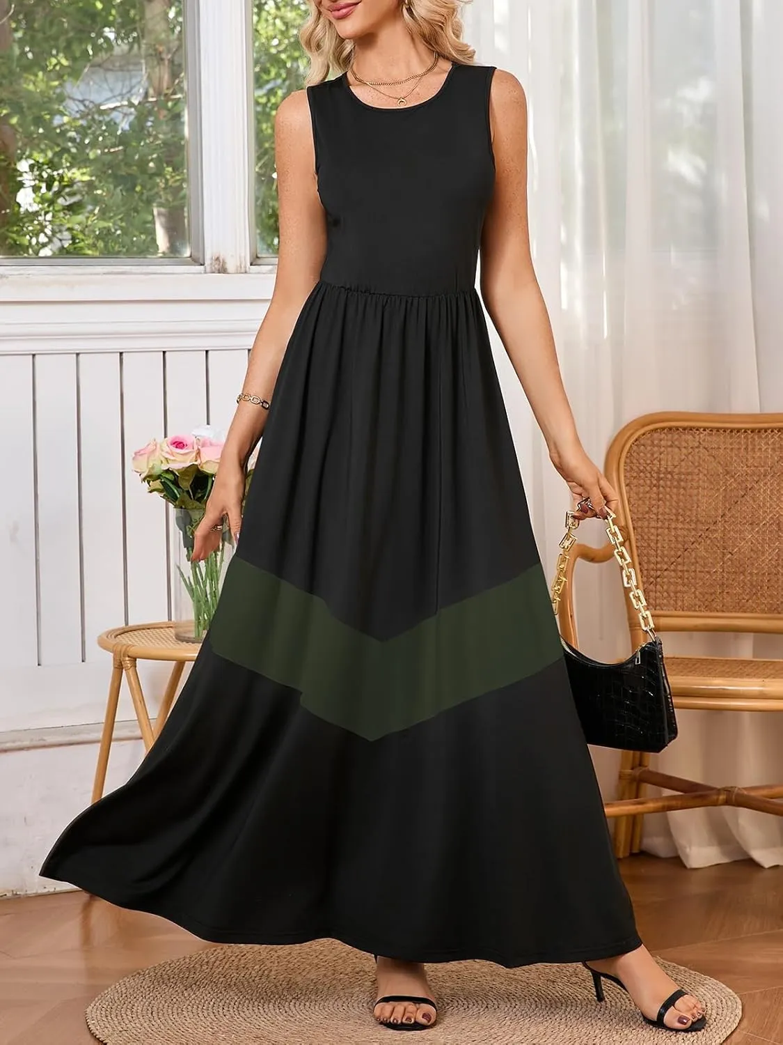 Women's Summer Colorblock Loose Tank Round Neck Dress Sleeveless Casual Holiday Flared Swing Beach Long Maxi Sundress