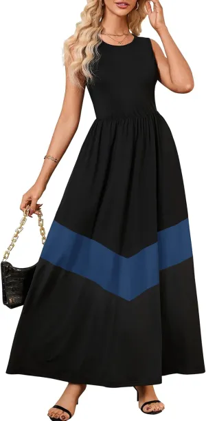 Women's Summer Colorblock Loose Tank Round Neck Dress Sleeveless Casual Holiday Flared Swing Beach Long Maxi Sundress