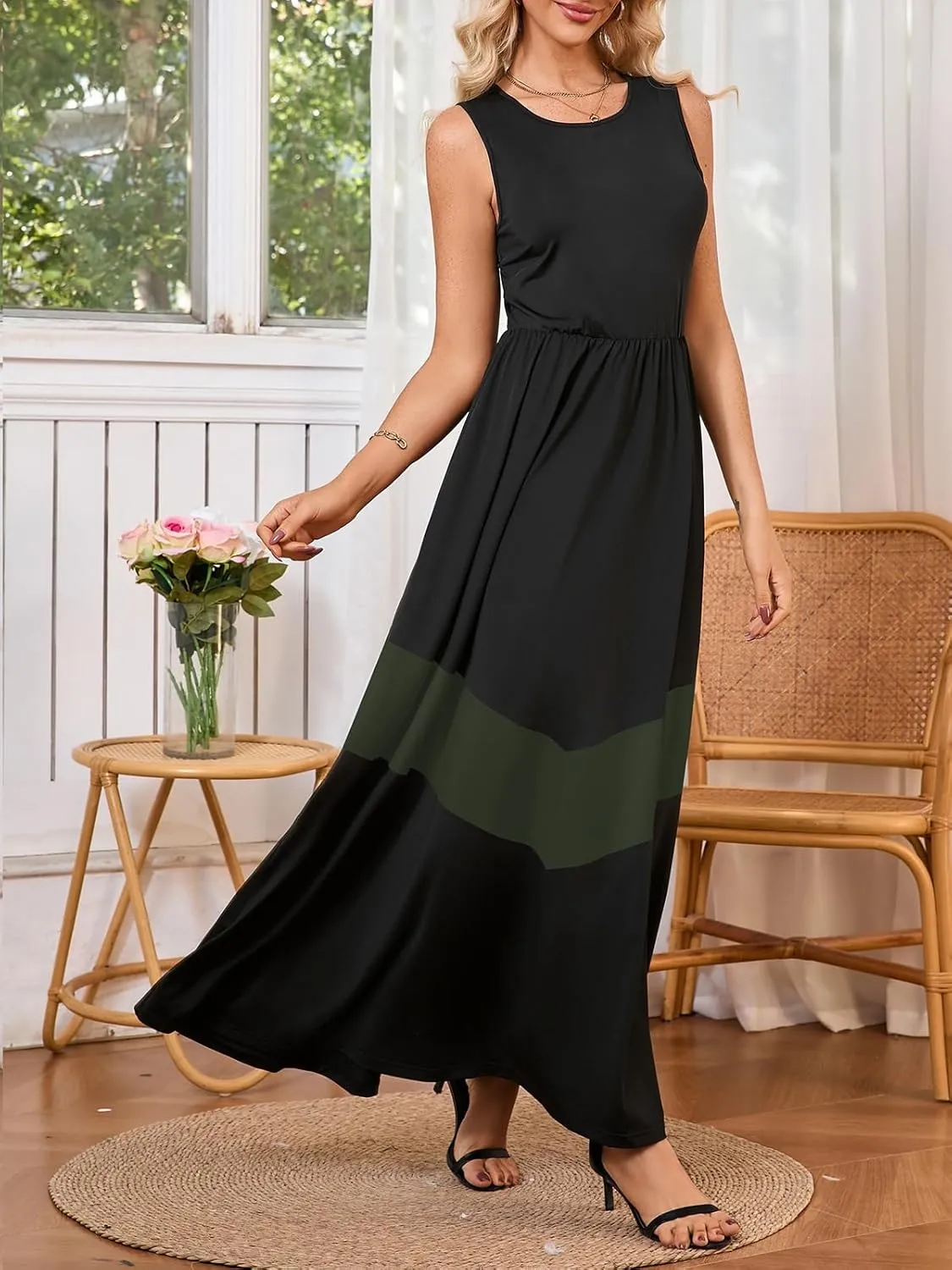 Women's Summer Colorblock Loose Tank Round Neck Dress Sleeveless Casual Holiday Flared Swing Beach Long Maxi Sundress