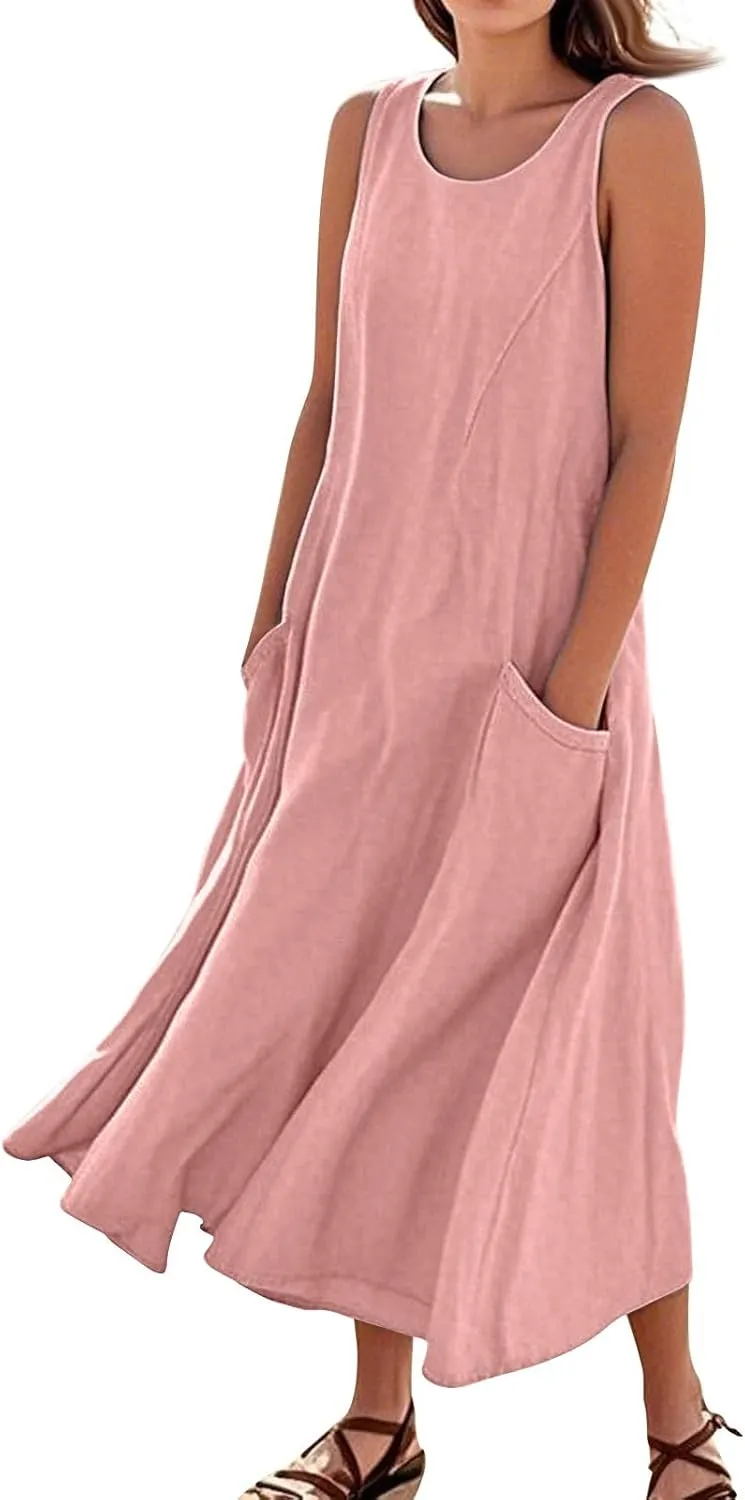 Women's Summer Cotton Linen Sleeveless Maxi Flowy Dresses Plus Size Loose Comfy Elegant Dress with Pockets