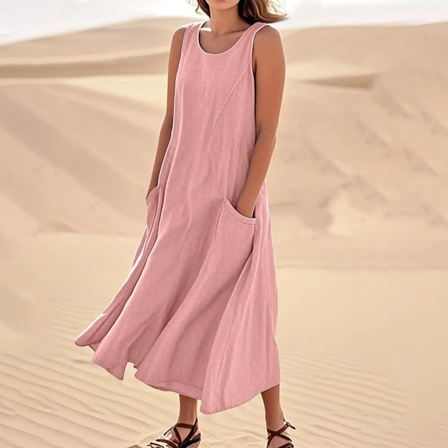 Women's Summer Cotton Linen Sleeveless Maxi Flowy Dresses Plus Size Loose Comfy Elegant Dress with Pockets