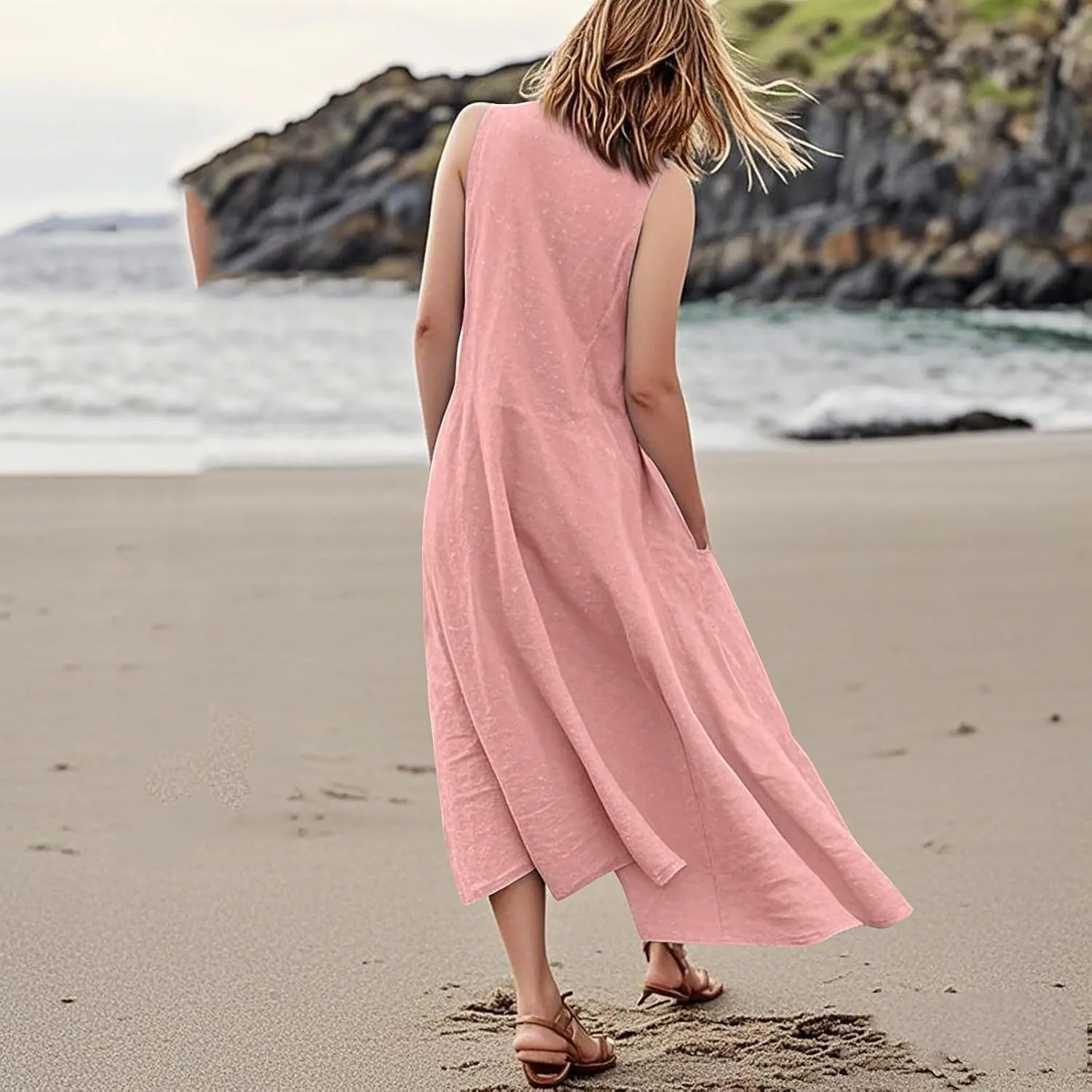 Women's Summer Cotton Linen Sleeveless Maxi Flowy Dresses Plus Size Loose Comfy Elegant Dress with Pockets