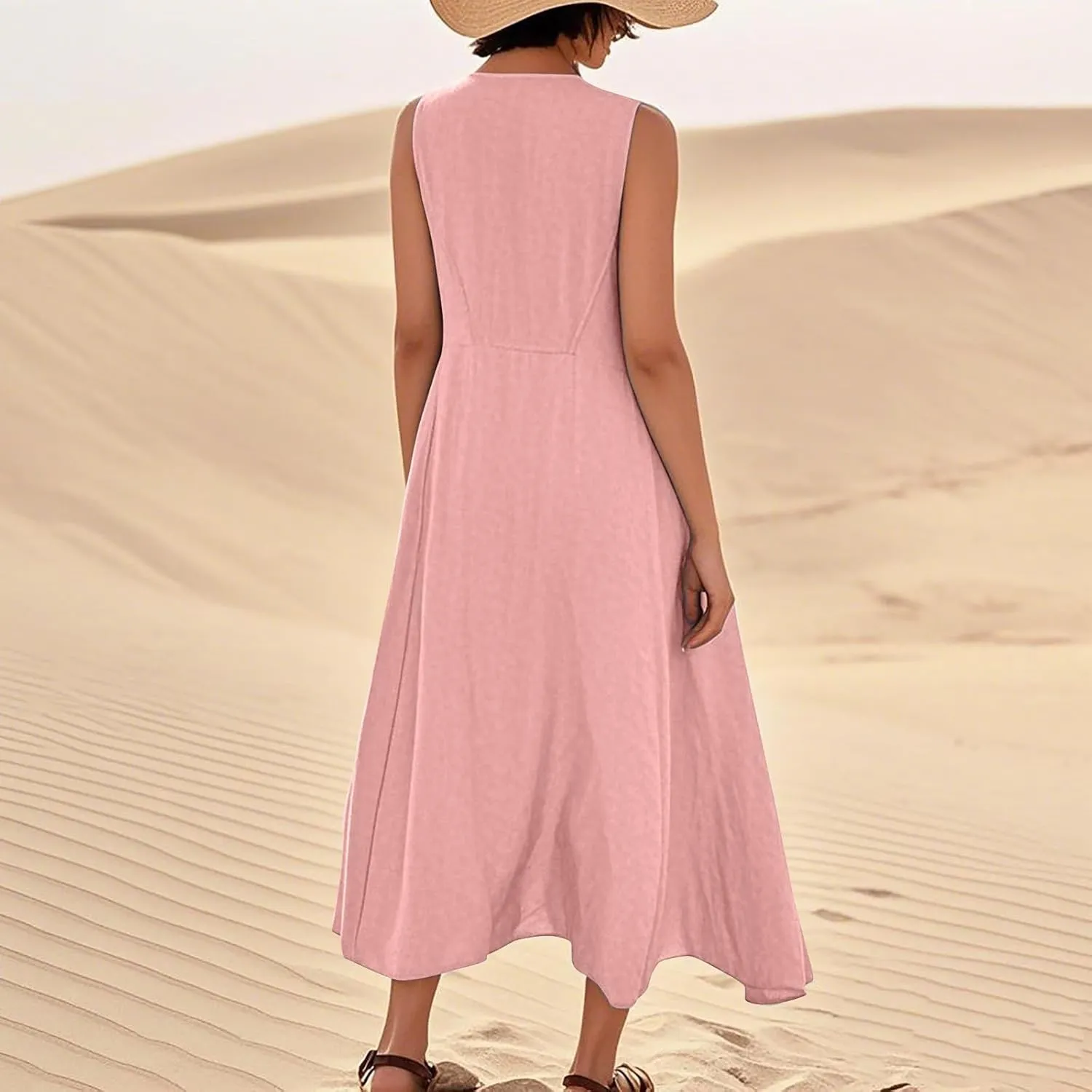 Women's Summer Cotton Linen Sleeveless Maxi Flowy Dresses Plus Size Loose Comfy Elegant Dress with Pockets