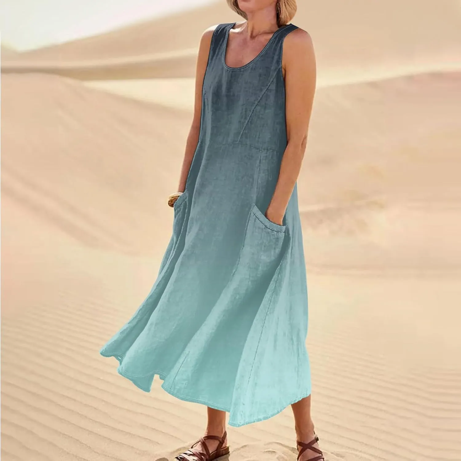 Womens Summer Dresses Beach Long Dress Sleeveless Elegant Flowy Dresses Plus Size Loose Dress with Pockets