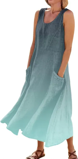 Womens Summer Dresses Beach Long Dress Sleeveless Elegant Flowy Dresses Plus Size Loose Dress with Pockets