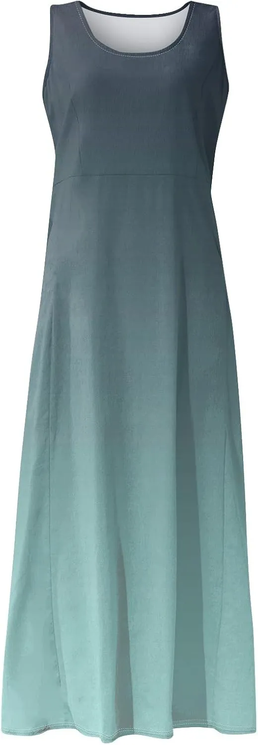 Womens Summer Dresses Beach Long Dress Sleeveless Elegant Flowy Dresses Plus Size Loose Dress with Pockets