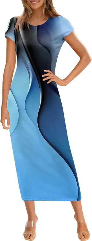 Womens Summer Dresses Trendy Loose Fit Vacation Dress Elegant Gradient Maxi Sundresses Casual Short Sleeve Dress