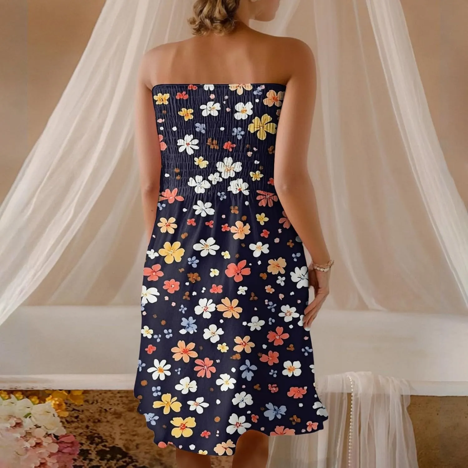 Womens Summer Sexy Strapless Tube Dress Flowy Ruffle Vibrant Floral Mini Dresses Backless A Line Short Sundress