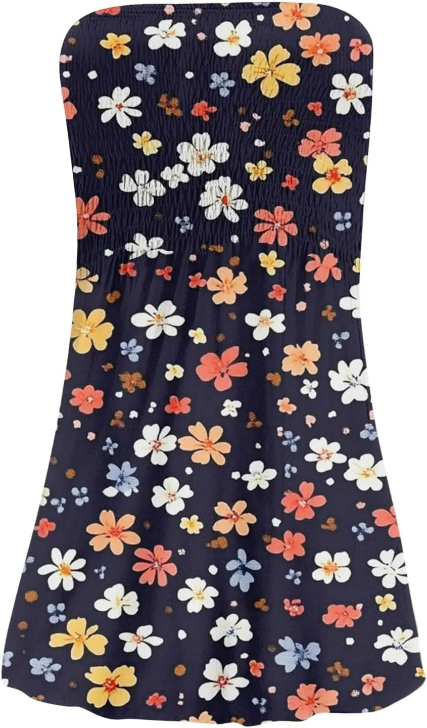 Womens Summer Sexy Strapless Tube Dress Flowy Ruffle Vibrant Floral Mini Dresses Backless A Line Short Sundress