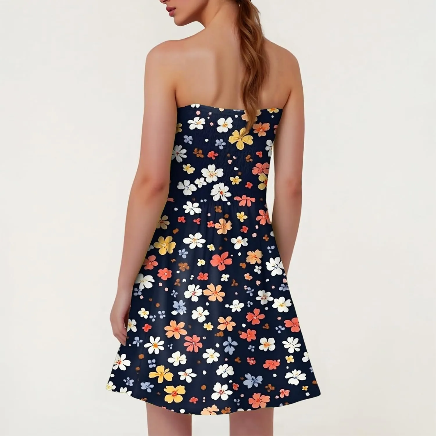 Womens Summer Sexy Strapless Tube Dress Flowy Ruffle Vibrant Floral Mini Dresses Backless A Line Short Sundress