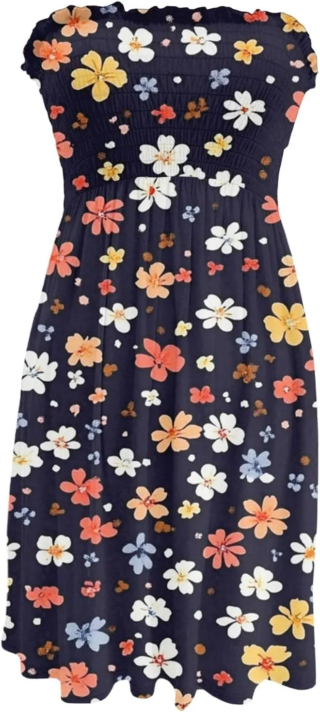 Womens Summer Sexy Strapless Tube Dress Flowy Ruffle Vibrant Floral Mini Dresses Backless A Line Short Sundress
