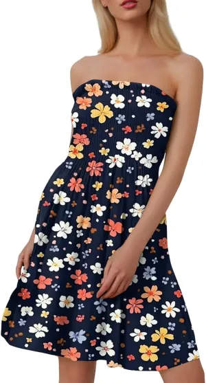 Womens Summer Sexy Strapless Tube Dress Flowy Ruffle Vibrant Floral Mini Dresses Backless A Line Short Sundress