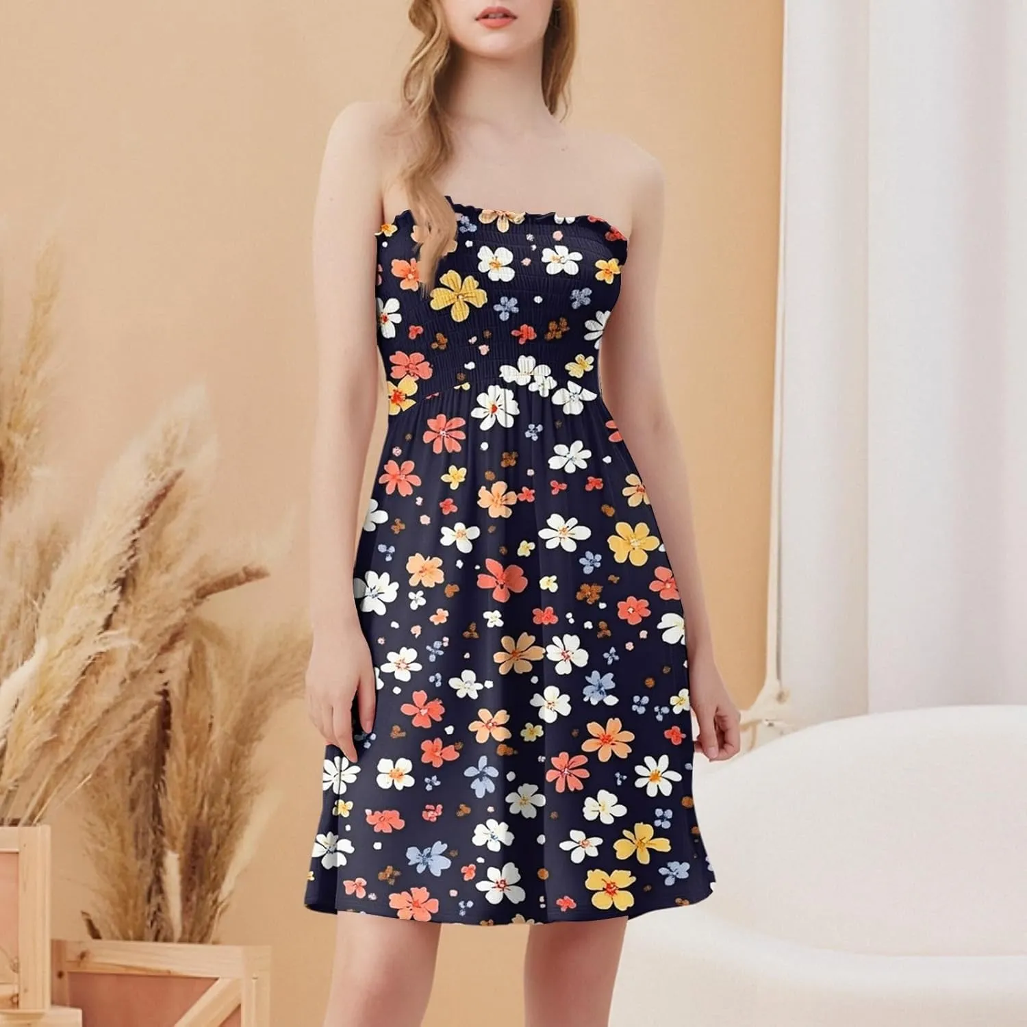 Womens Summer Sexy Strapless Tube Dress Flowy Ruffle Vibrant Floral Mini Dresses Backless A Line Short Sundress