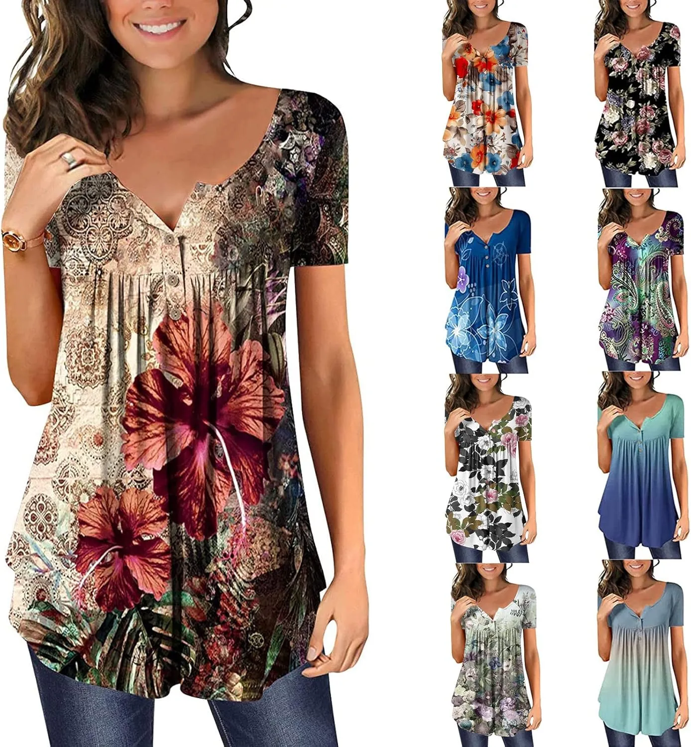 Womens Summer Tops Hide Belly Tunic Short Sleeve T Shirts Flowy Henley Tshirt Casual Dressy Blouses for Leggings