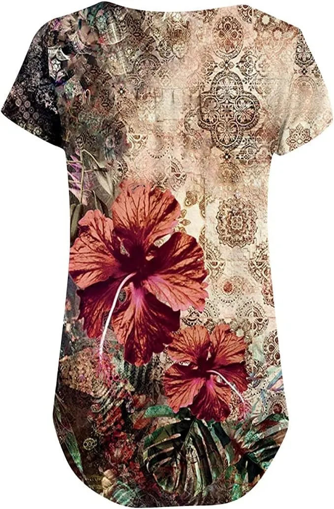 Womens Summer Tops Hide Belly Tunic Short Sleeve T Shirts Flowy Henley Tshirt Casual Dressy Blouses for Leggings