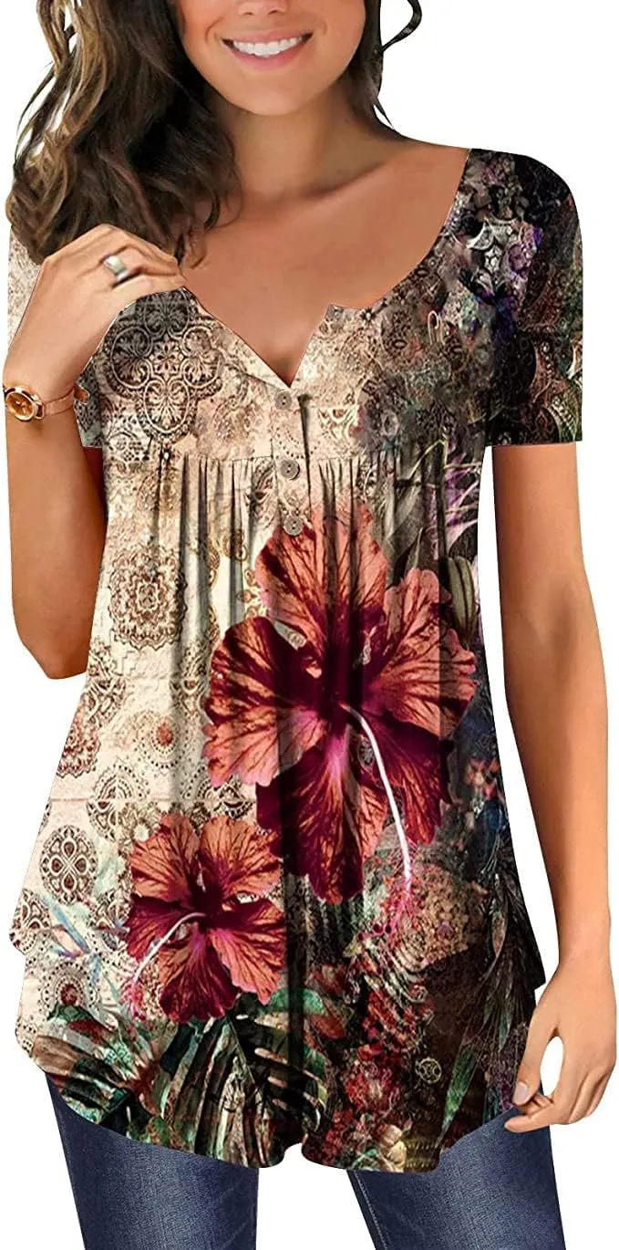 Womens Summer Tops Hide Belly Tunic Short Sleeve T Shirts Flowy Henley Tshirt Casual Dressy Blouses for Leggings