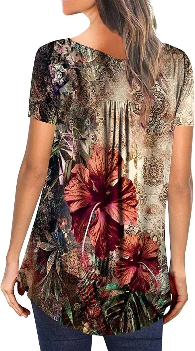 Womens Summer Tops Hide Belly Tunic Short Sleeve T Shirts Flowy Henley Tshirt Casual Dressy Blouses for Leggings