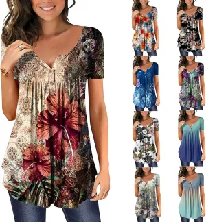 Womens Summer Tops Hide Belly Tunic Short Sleeve T Shirts Flowy Henley Tshirt Casual Dressy Blouses for Leggings