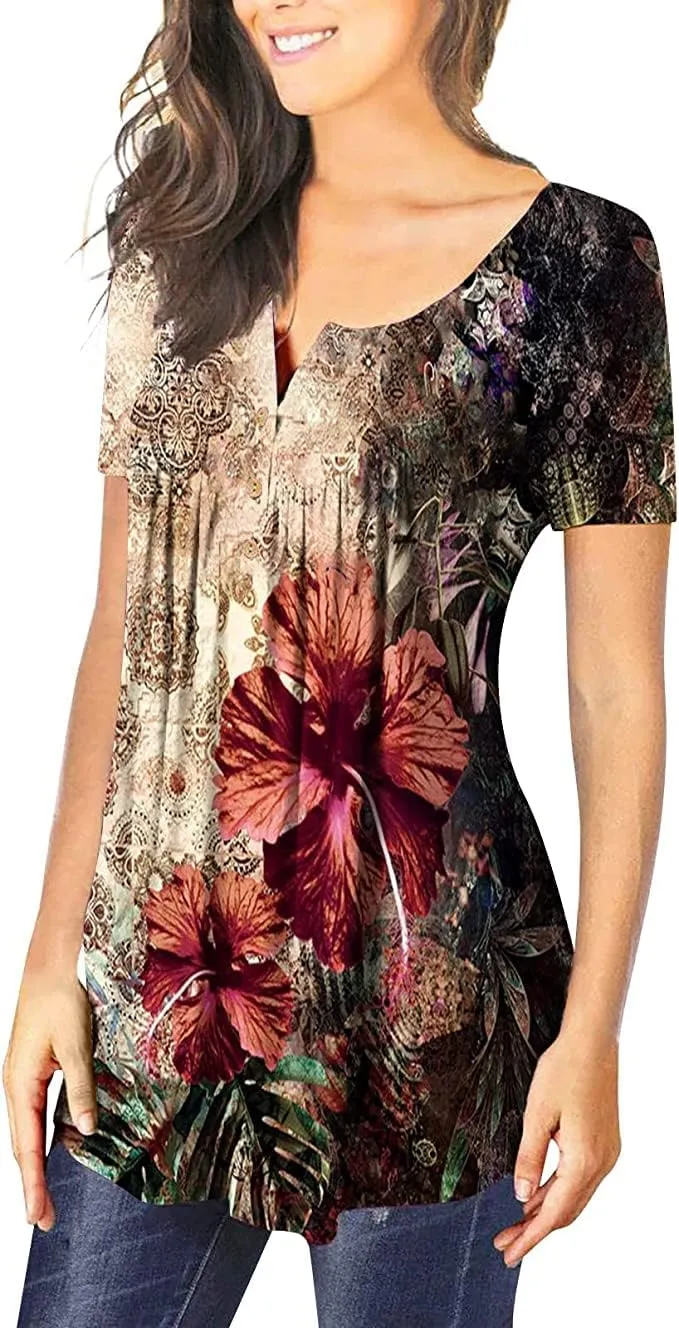 Womens Summer Tops Hide Belly Tunic Short Sleeve T Shirts Flowy Henley Tshirt Casual Dressy Blouses for Leggings