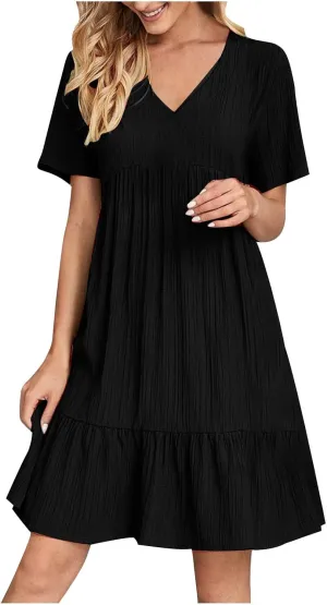 Women's Sundresses Short Sleeve Elegant Mini Dress Ruffle Pleated Summer Dresses Flowy V Neck Beach Dress