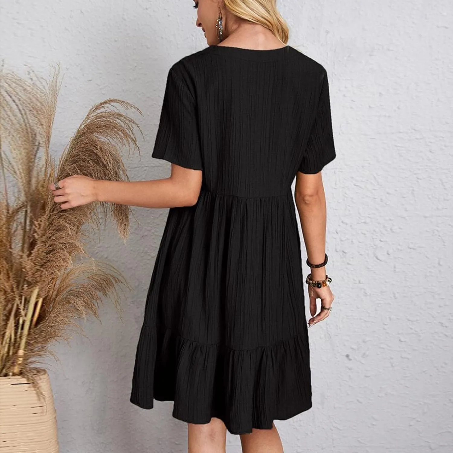 Women's Sundresses Short Sleeve Elegant Mini Dress Ruffle Pleated Summer Dresses Flowy V Neck Beach Dress