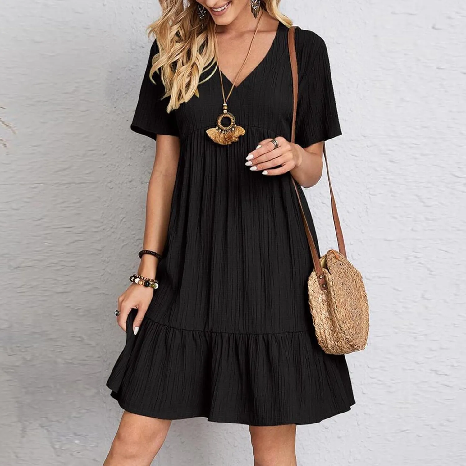 Women's Sundresses Short Sleeve Elegant Mini Dress Ruffle Pleated Summer Dresses Flowy V Neck Beach Dress
